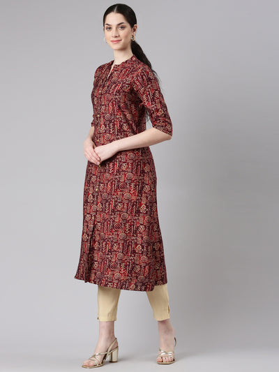 Neerus Maroon Straight Casual Tribal Panelled Kurtas