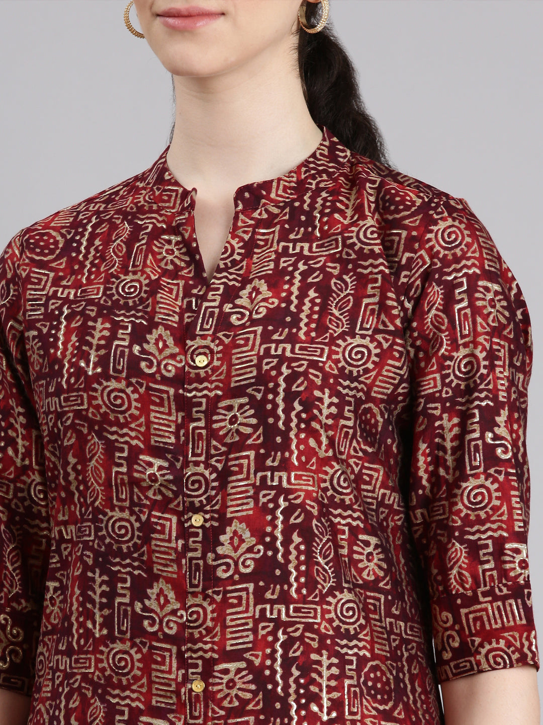 Neerus Maroon Straight Casual Tribal Panelled Kurtas