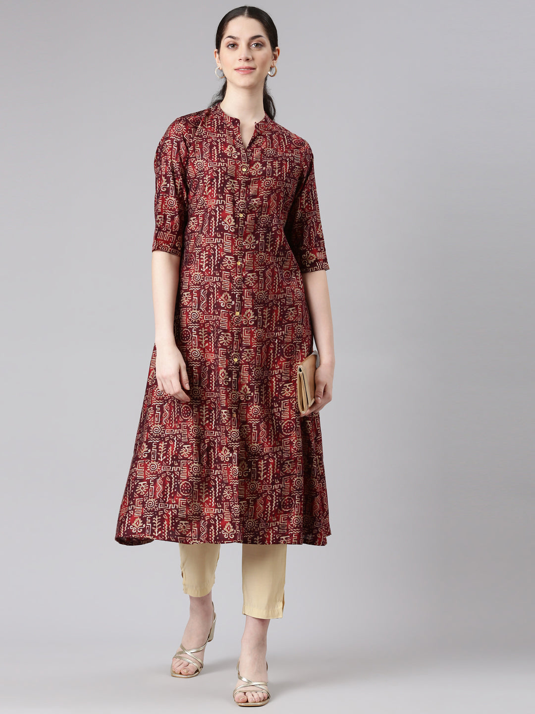 Neerus Maroon Straight Casual Tribal Panelled Kurtas