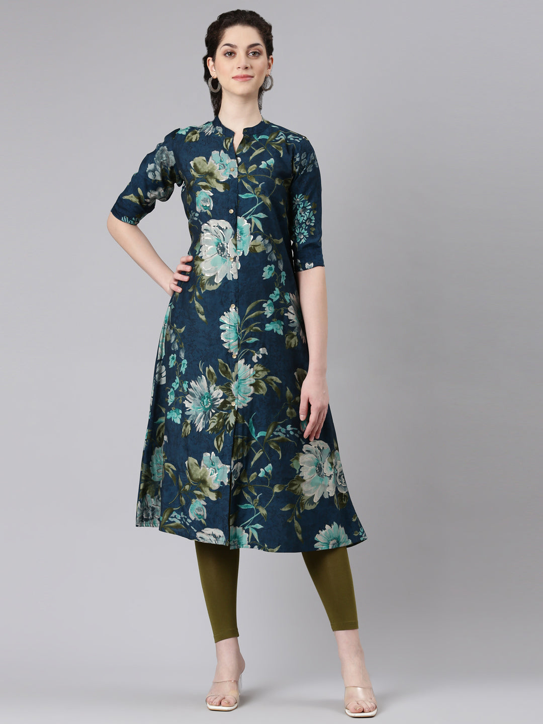 Neerus Blue Straight Casual Floral Panelled Kurtas