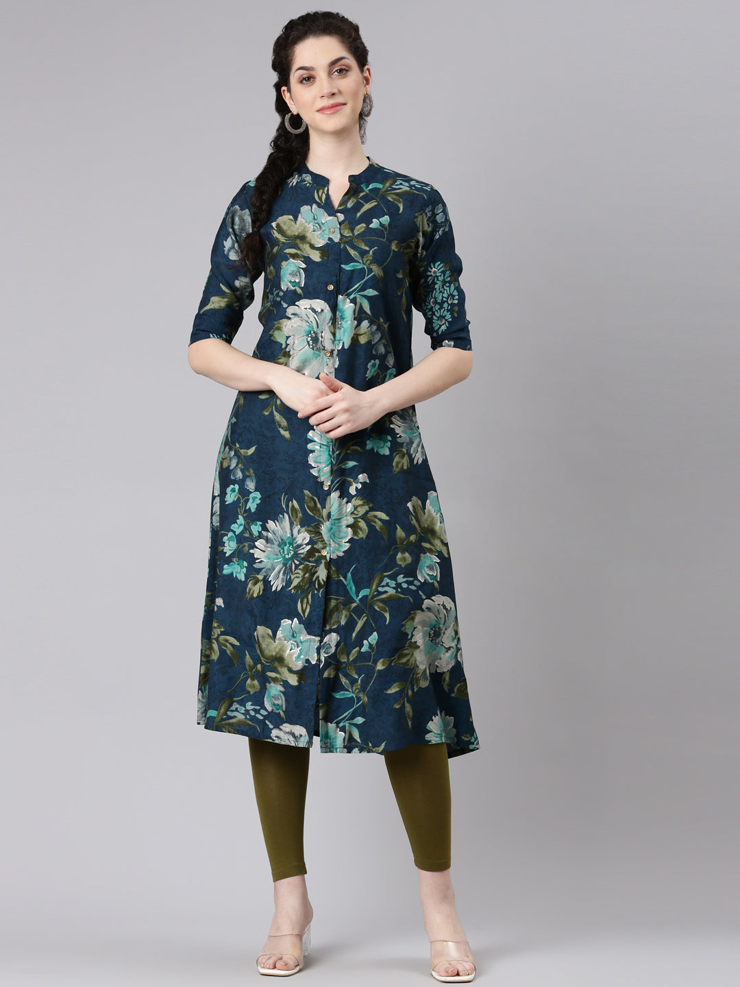 Neerus Blue Straight Casual Floral Panelled Kurtas