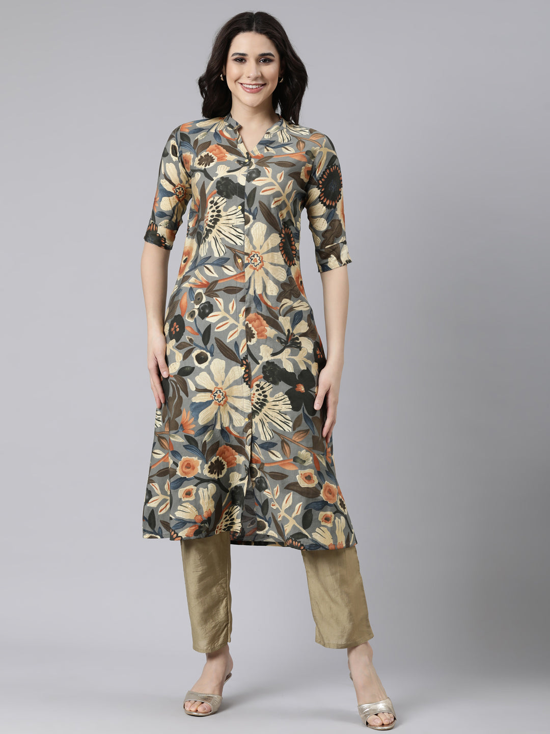 Neerus Grey Regular Straight Floral Kurtas