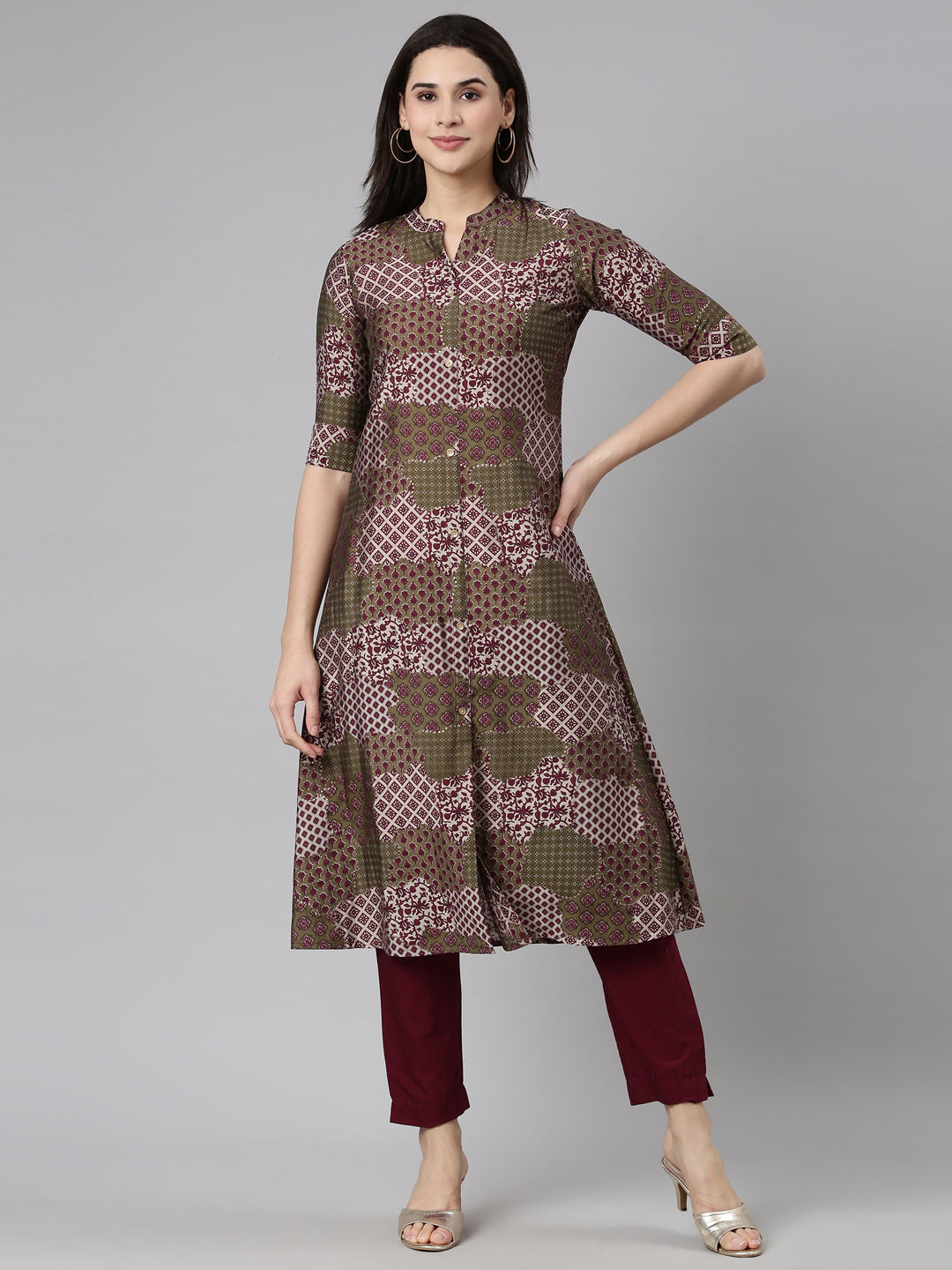 Neerus Purple Regular Straight Geometric Kurtas