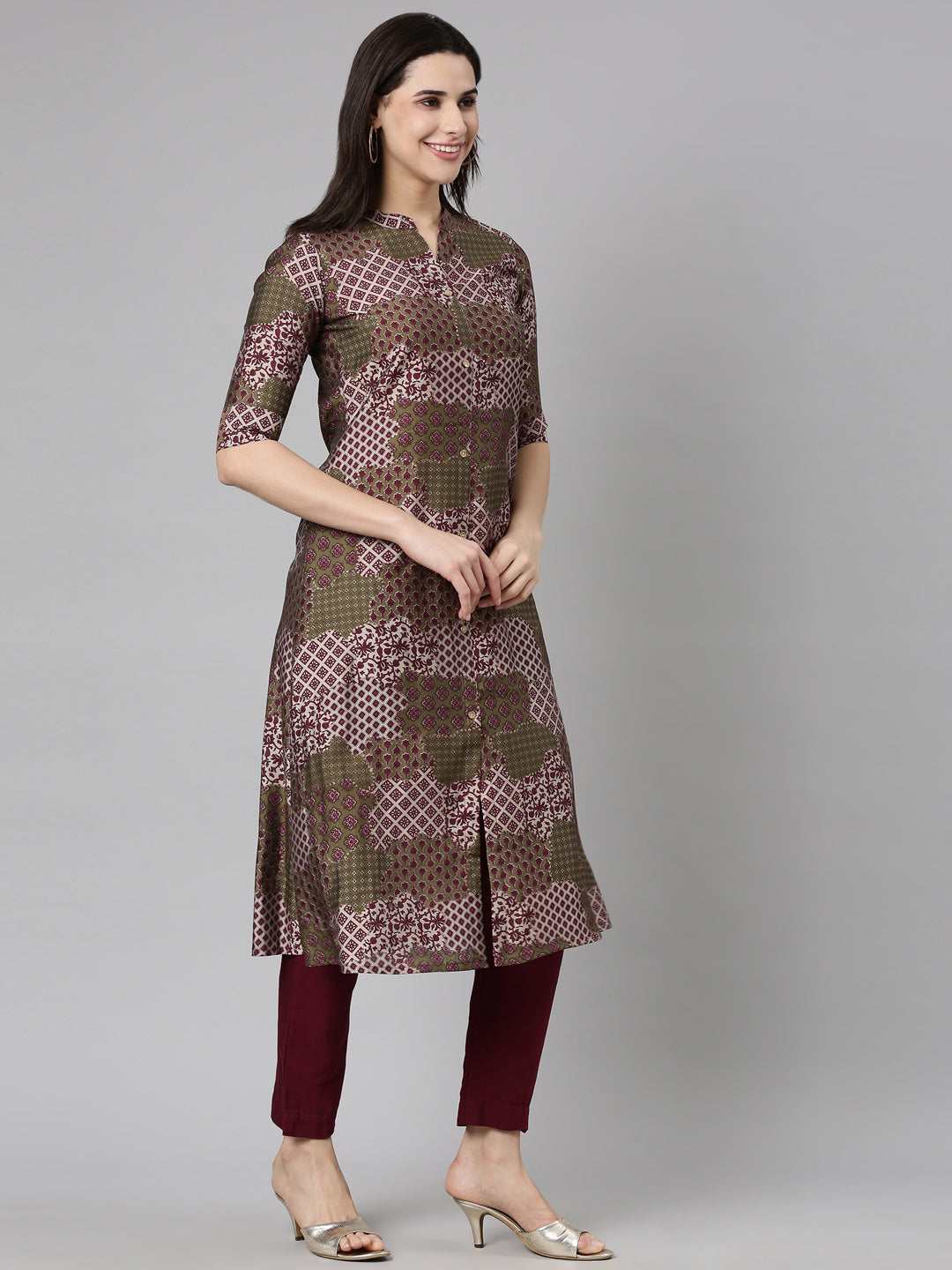 Neerus Purple Regular Straight Geometric Kurtas