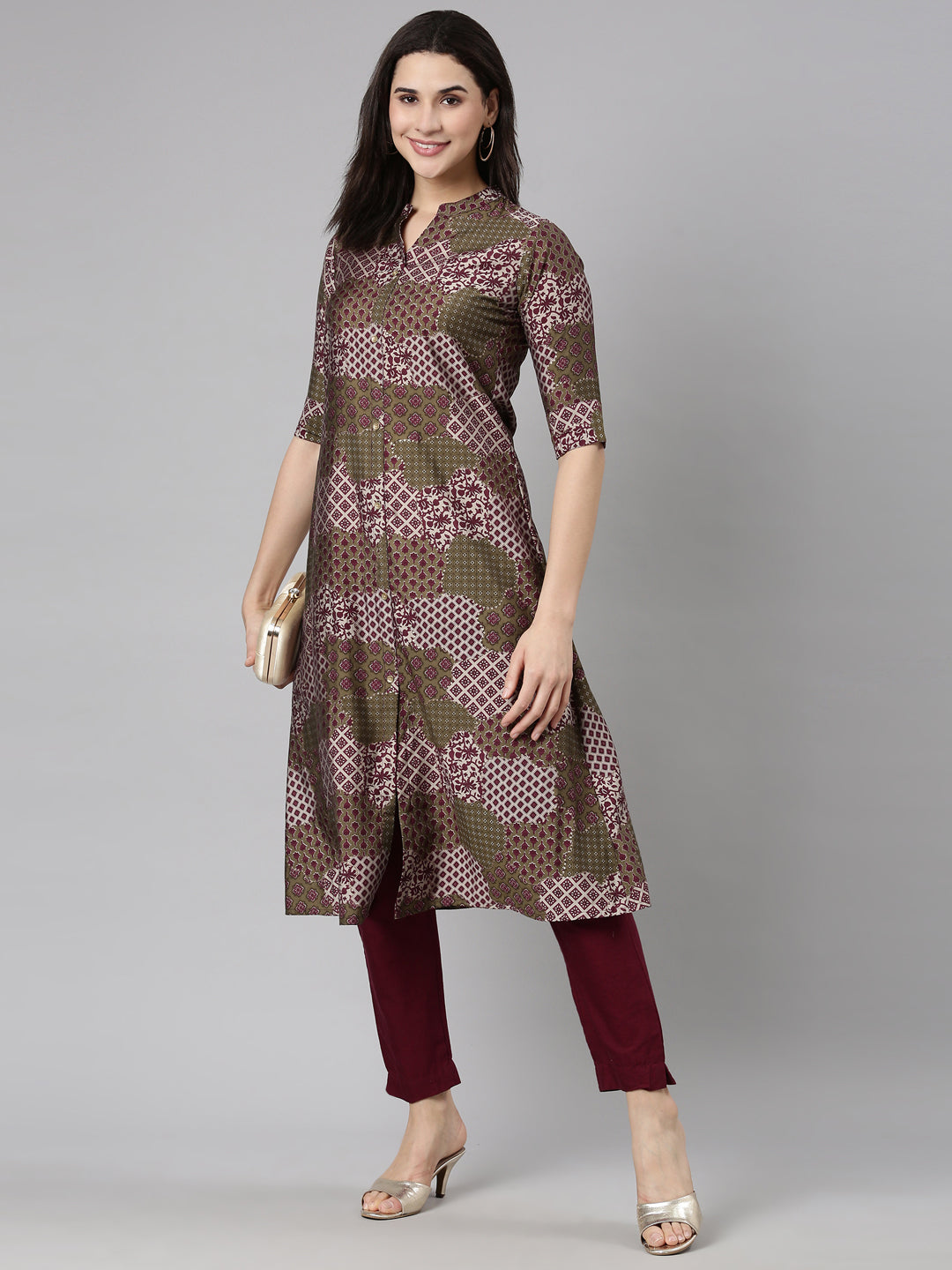 Neerus Purple Regular Straight Geometric Kurtas