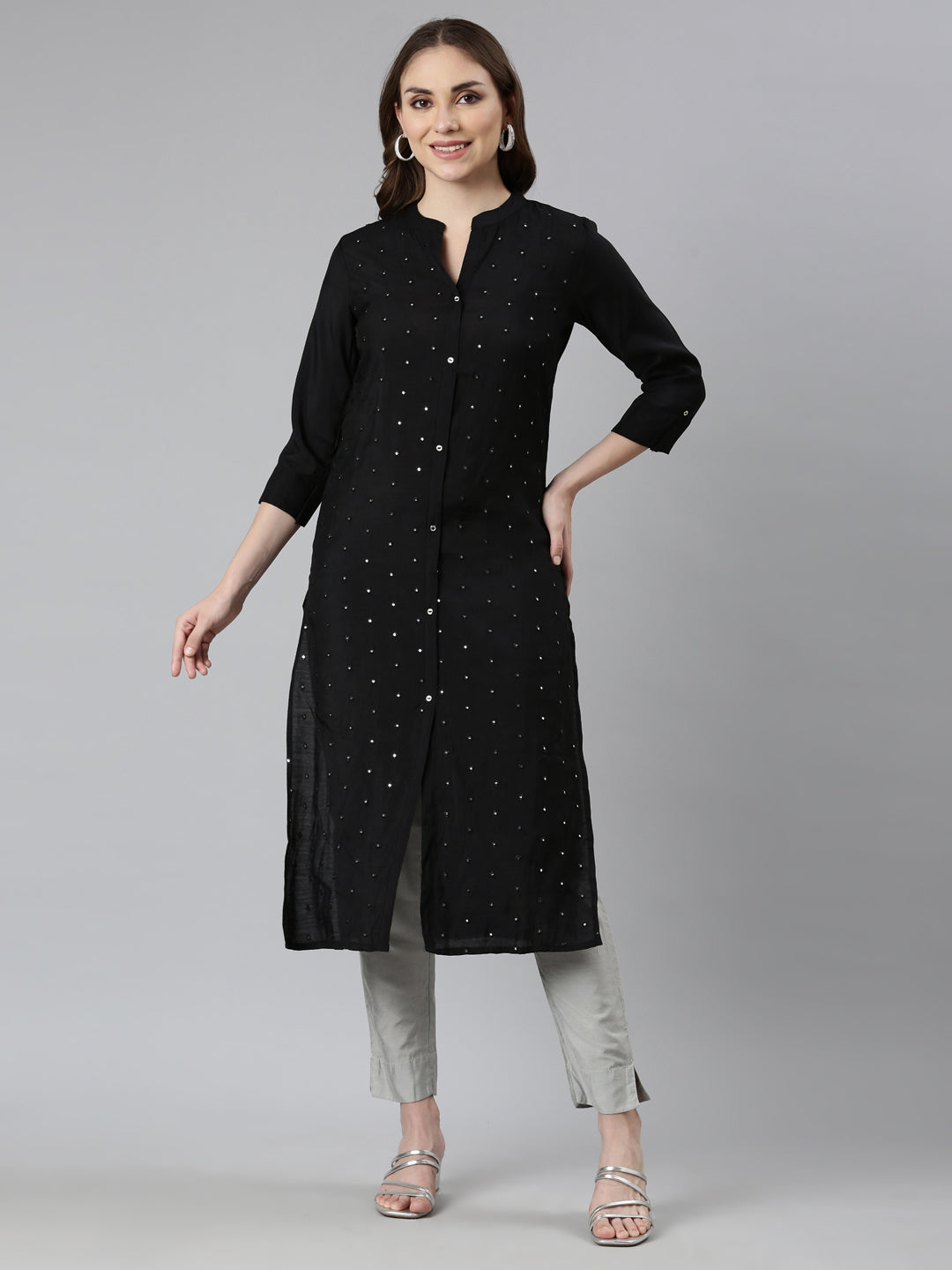 Neerus Black Panelled Straight Embellished Kurtas