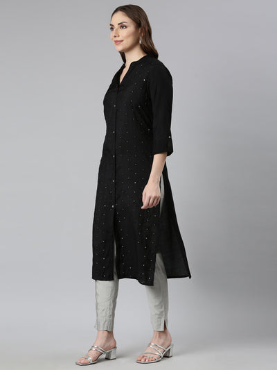 Neerus Black Panelled Straight Embellished Kurtas