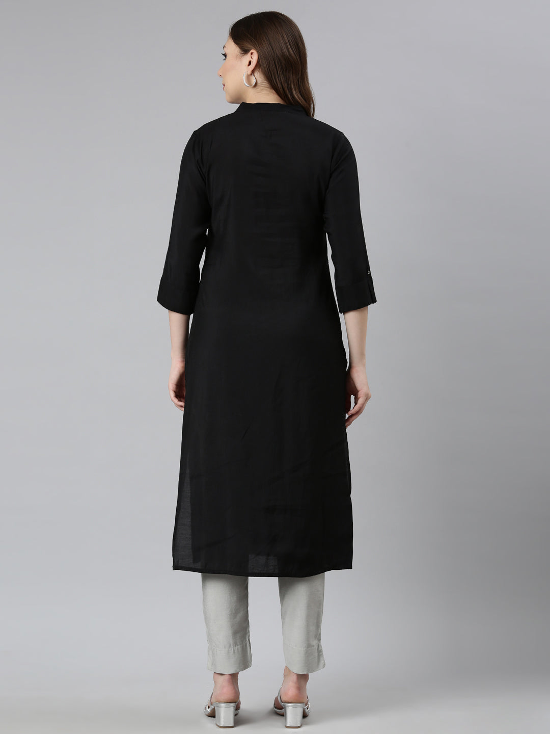 Neerus Black Panelled Straight Embellished Kurtas