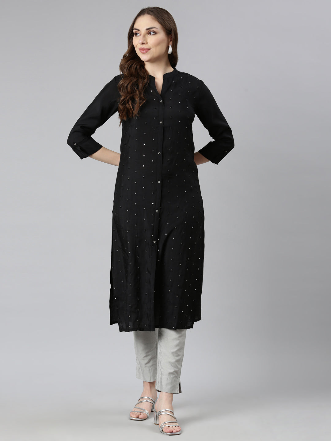 Neerus Black Panelled Straight Embellished Kurtas