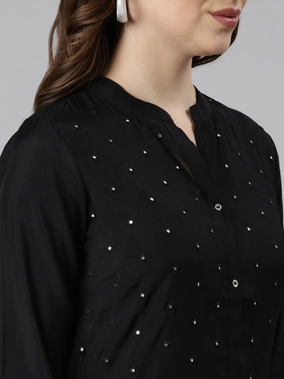 Neerus Black Panelled Straight Embellished Kurtas