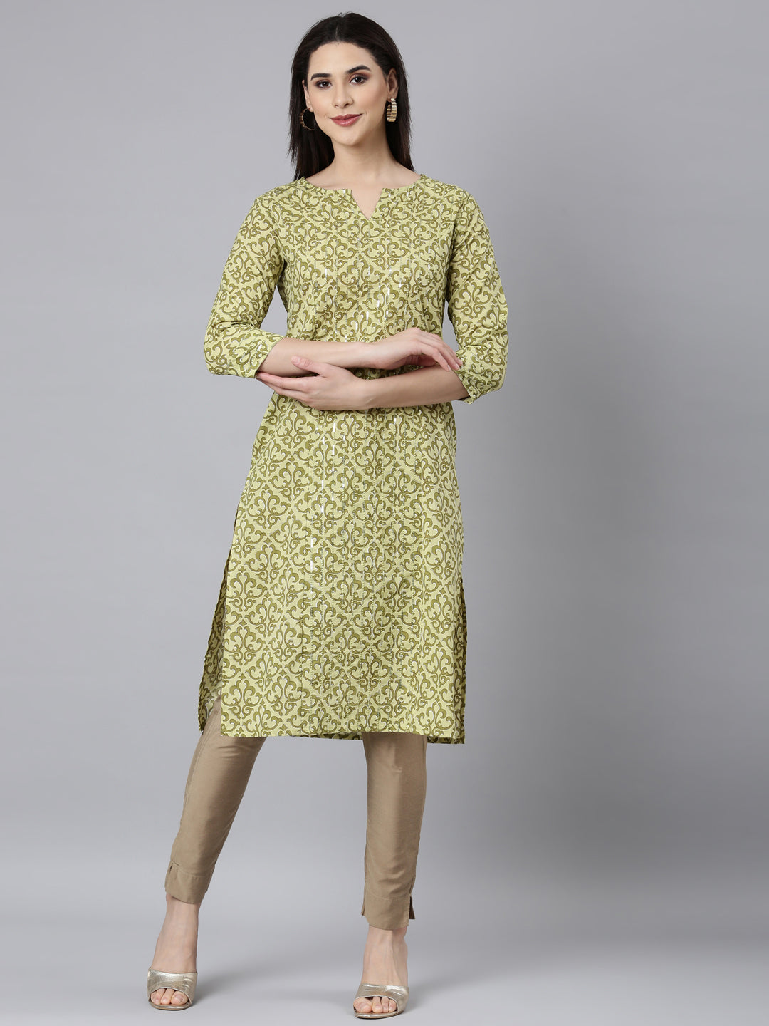 Neerus Green Regular Straight Floral Kurtas