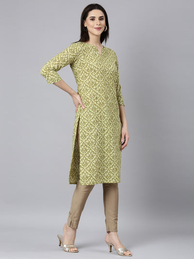 Neerus Green Regular Straight Floral Kurtas