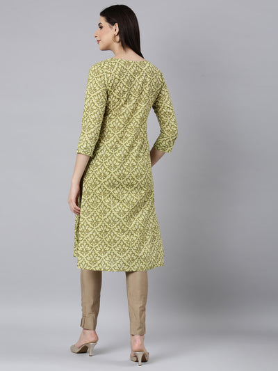 Neerus Green Regular Straight Floral Kurtas