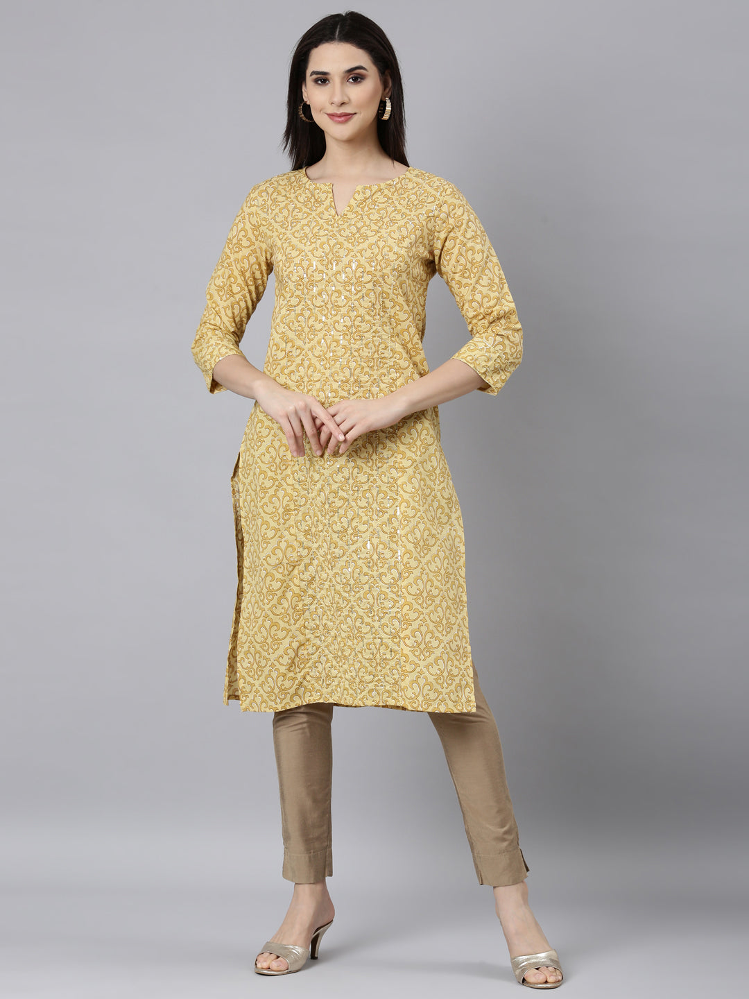 Neerus Yellow Regular Straight Floral Kurtas