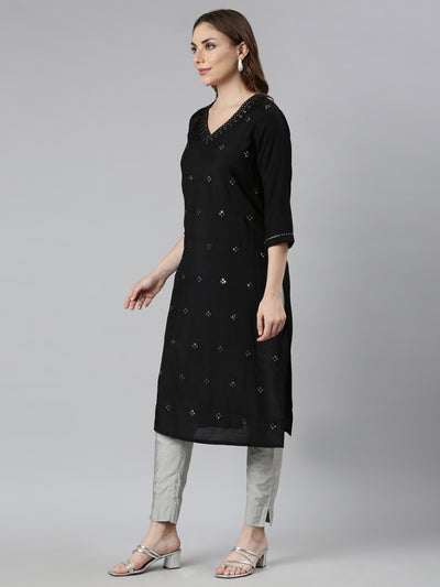 Neerus Black Panelled Straight Embellished Kurtas