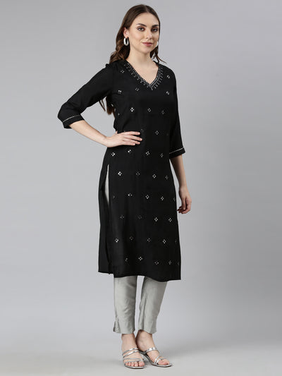 Neerus Black Panelled Straight Embellished Kurtas