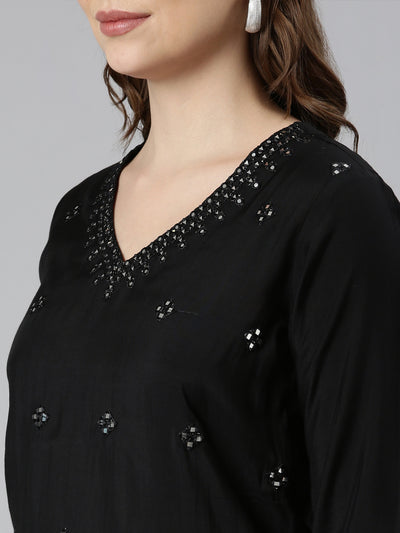 Neerus Black Panelled Straight Embellished Kurtas