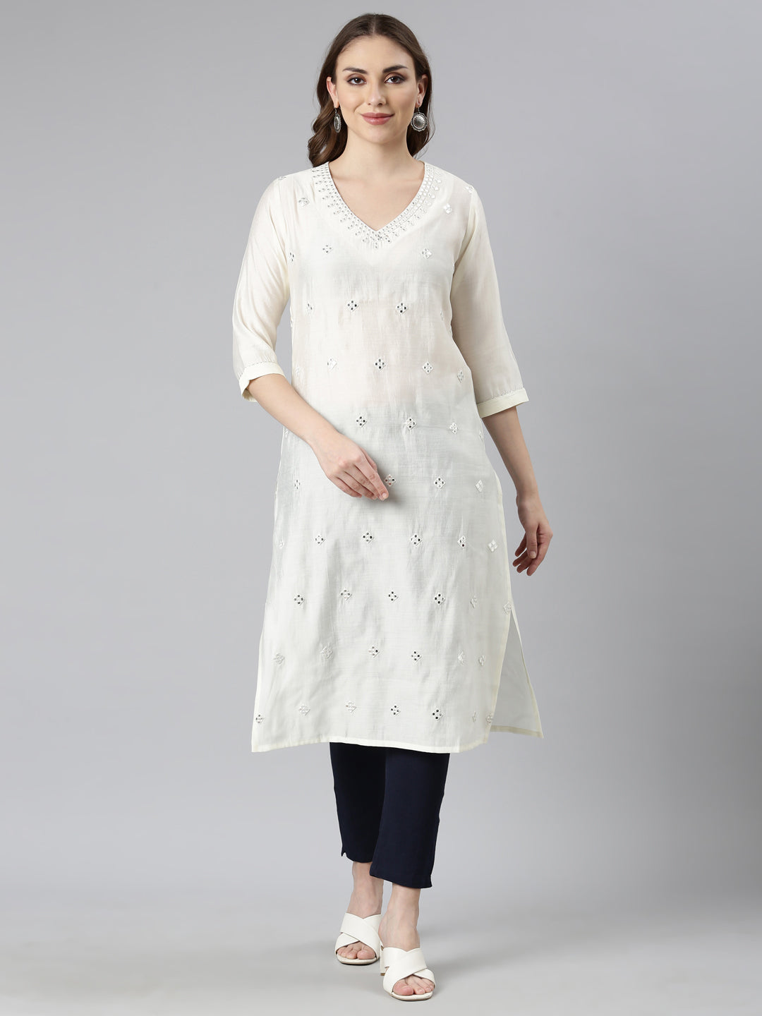 Neerus Cream Panelled Straight Embellished Kurtas