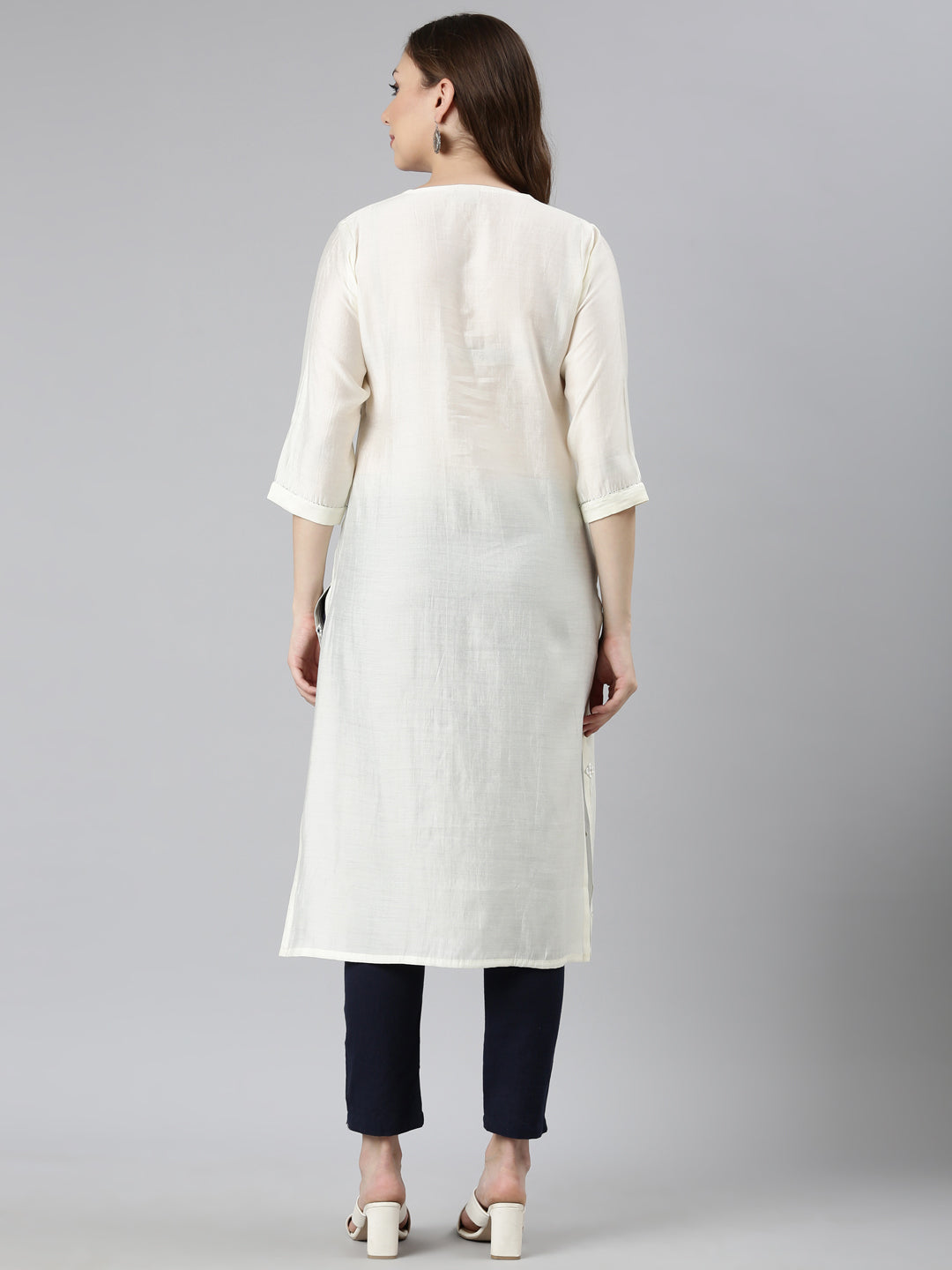 Neerus Cream Panelled Straight Embellished Kurtas