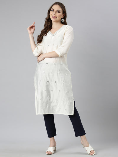 Neerus Cream Panelled Straight Embellished Kurtas