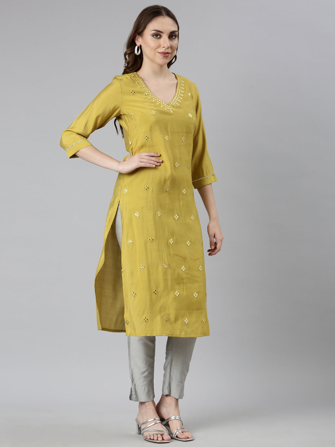 Neerus Green Panelled Straight Embellished Kurtas