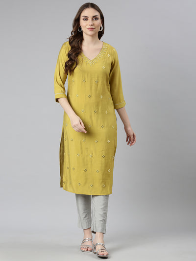 Neerus Green Panelled Straight Embellished Kurtas