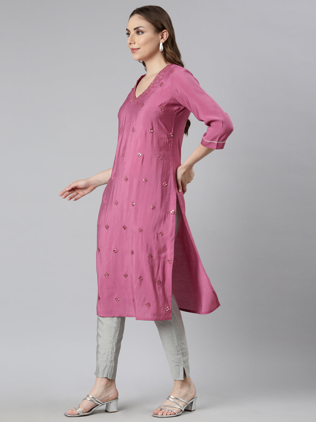 Neerus Pink Panelled Straight Embellished Kurtas