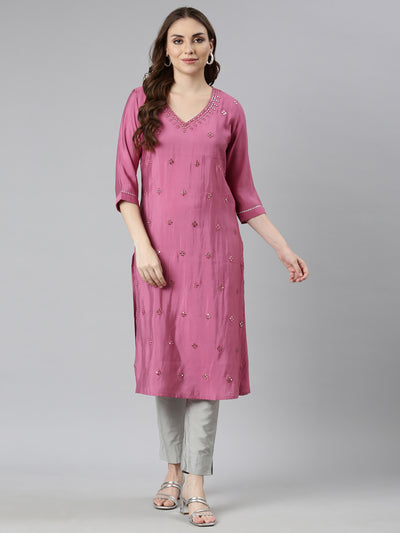 Neerus Pink Panelled Straight Embellished Kurtas