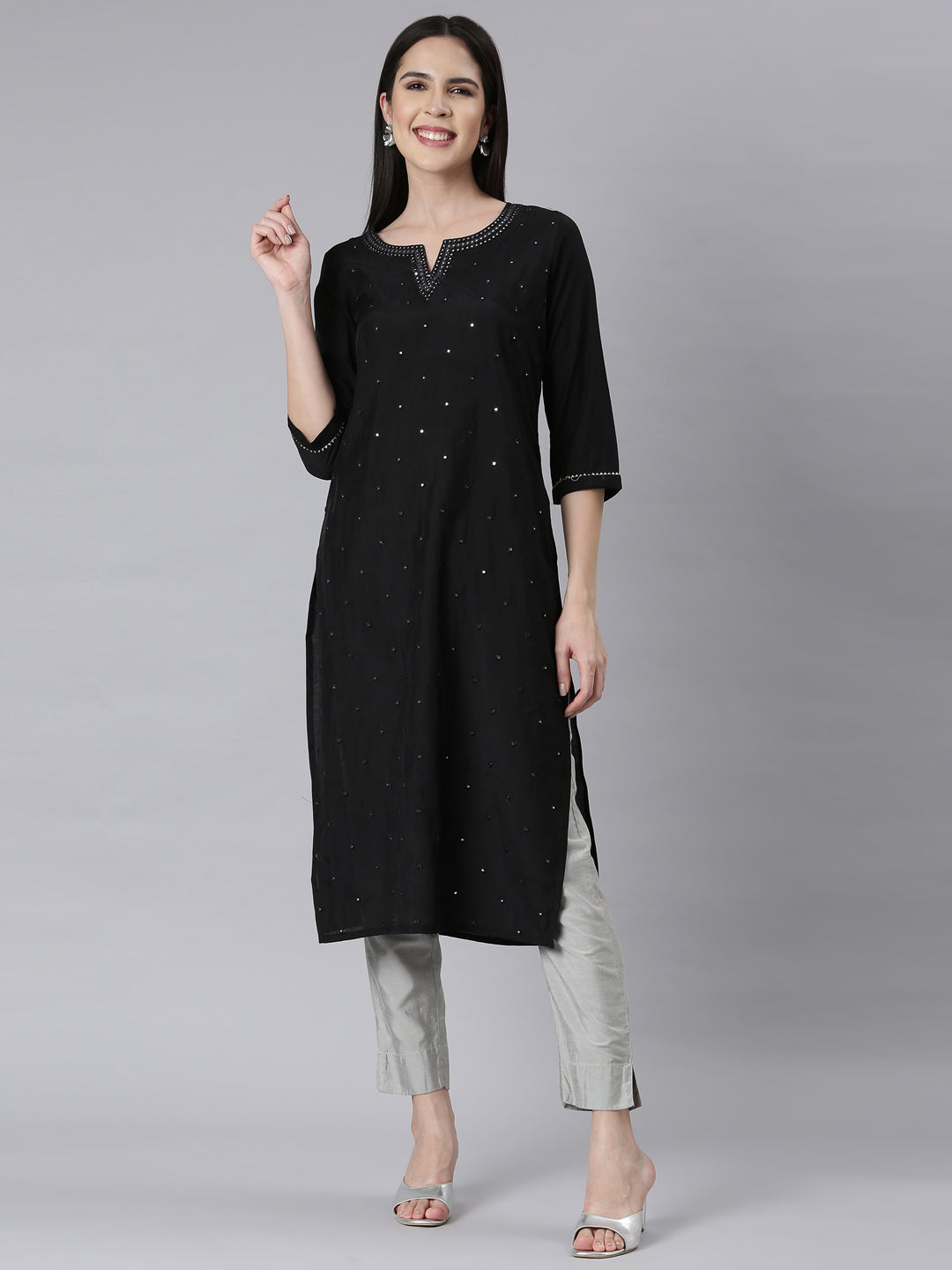 Neerus Black Panelled Straight Embellished Kurtas