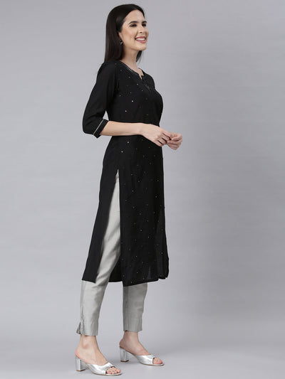 Neerus Black Panelled Straight Embellished Kurtas