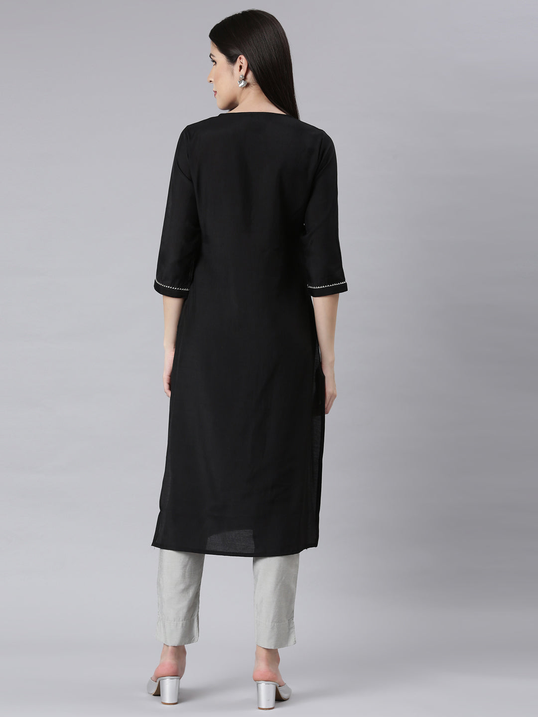 Neerus Black Panelled Straight Embellished Kurtas