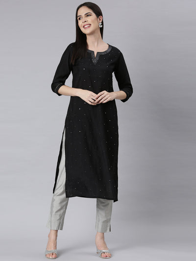 Neerus Black Panelled Straight Embellished Kurtas