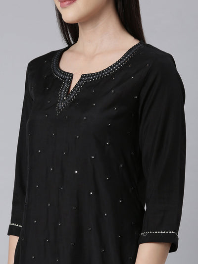 Neerus Black Panelled Straight Embellished Kurtas