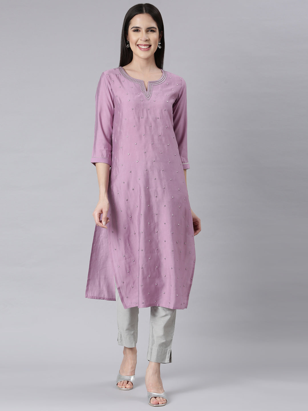 Neerus Lilac Panelled Straight Embellished Kurtas