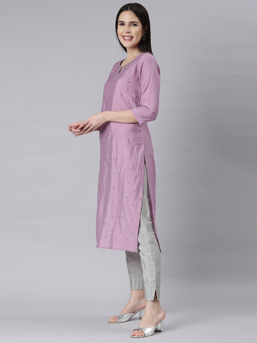 Neerus Lilac Panelled Straight Embellished Kurtas