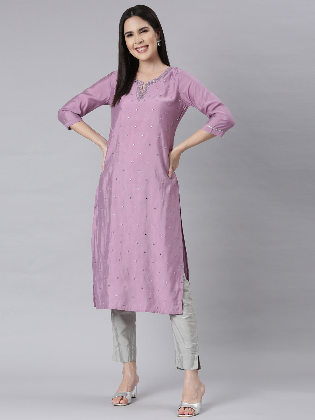 Neerus Lilac Panelled Straight Embellished Kurtas