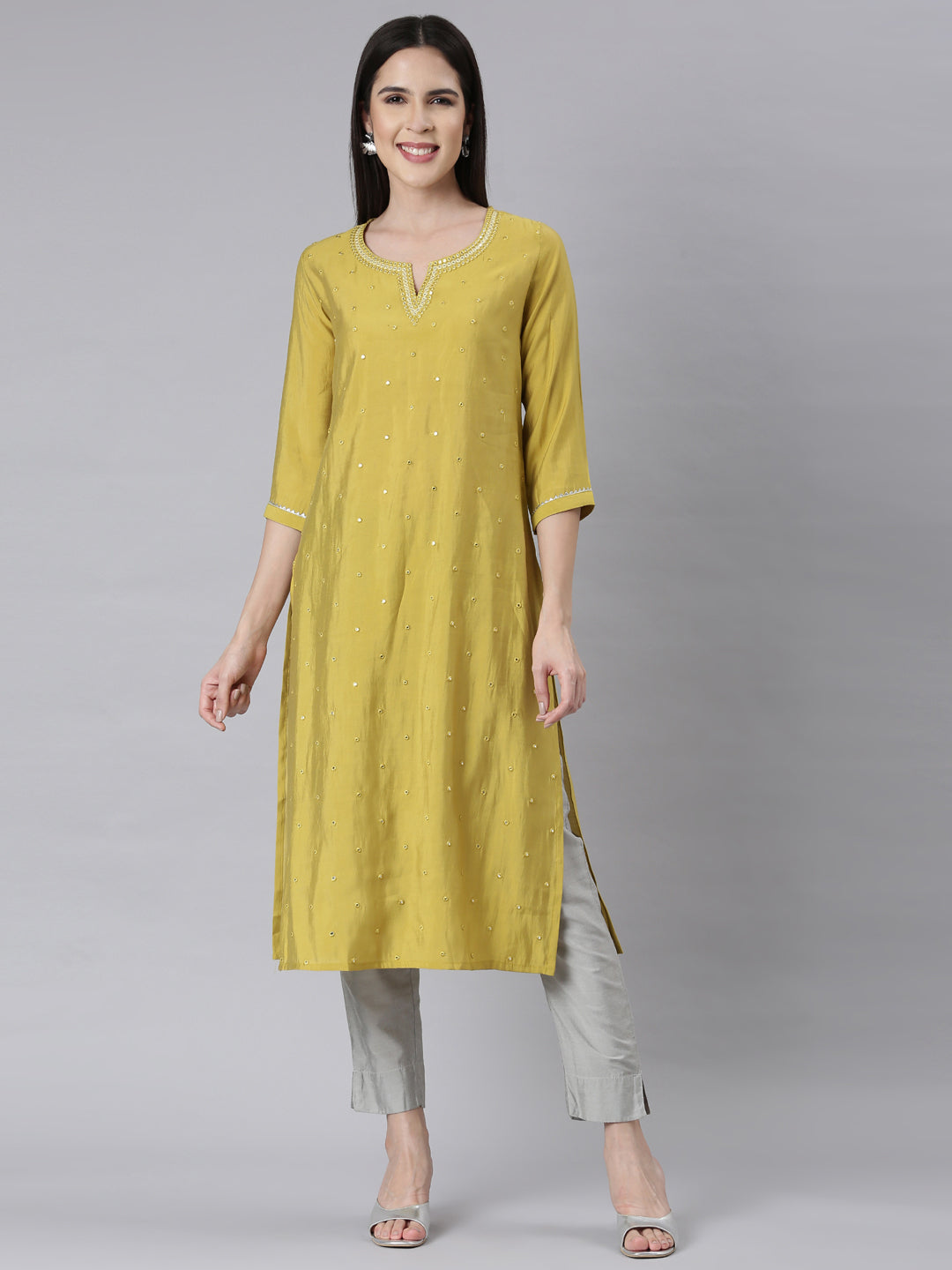 Neerus M Green Panelled Straight Embellished Kurtas