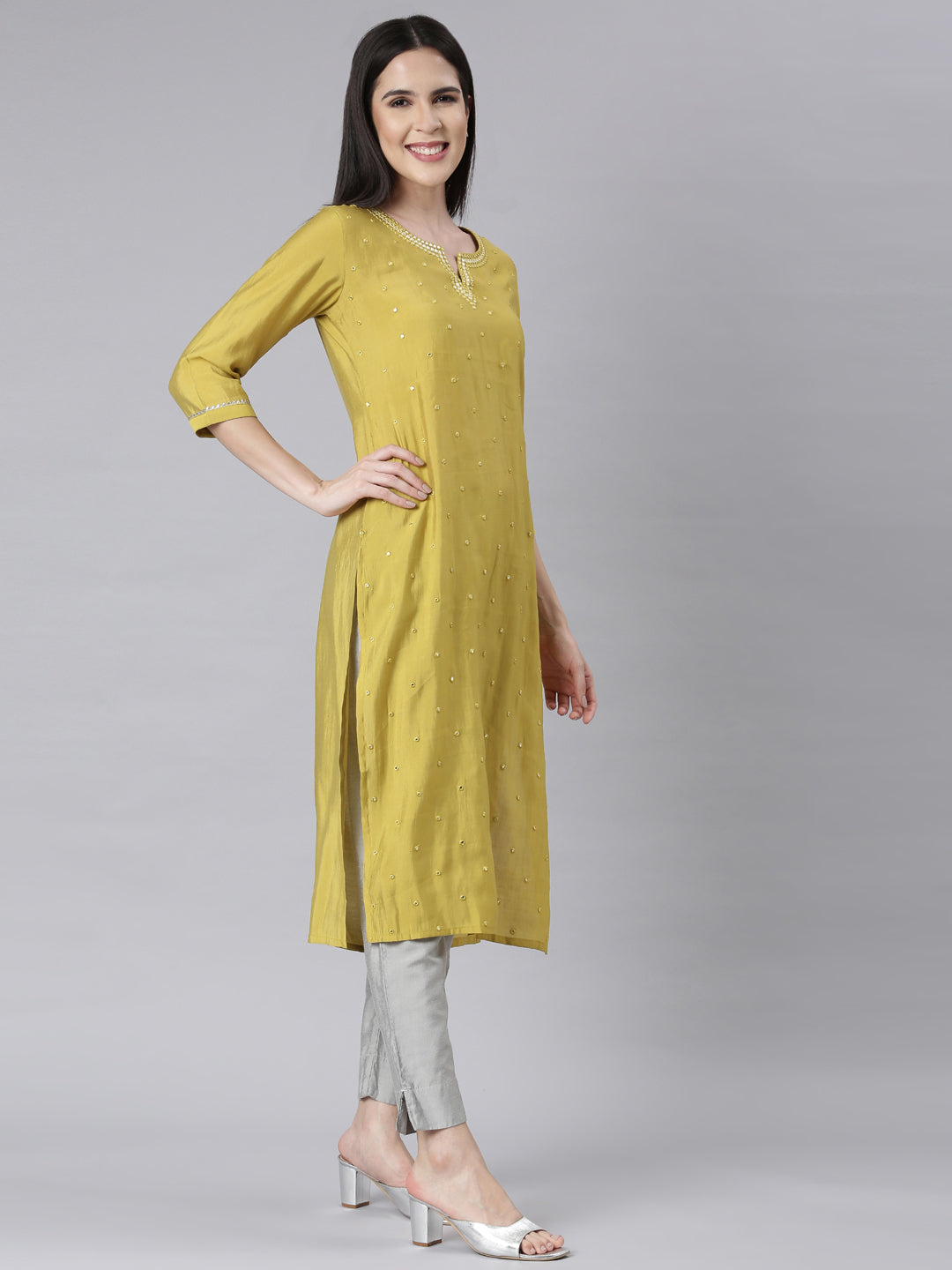 Neerus M Green Panelled Straight Embellished Kurtas