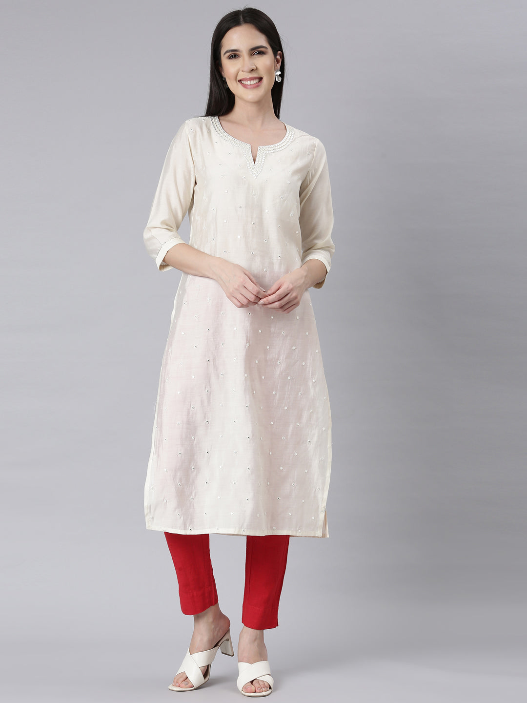 Neerus Off White Panelled Straight Embellished Kurtas