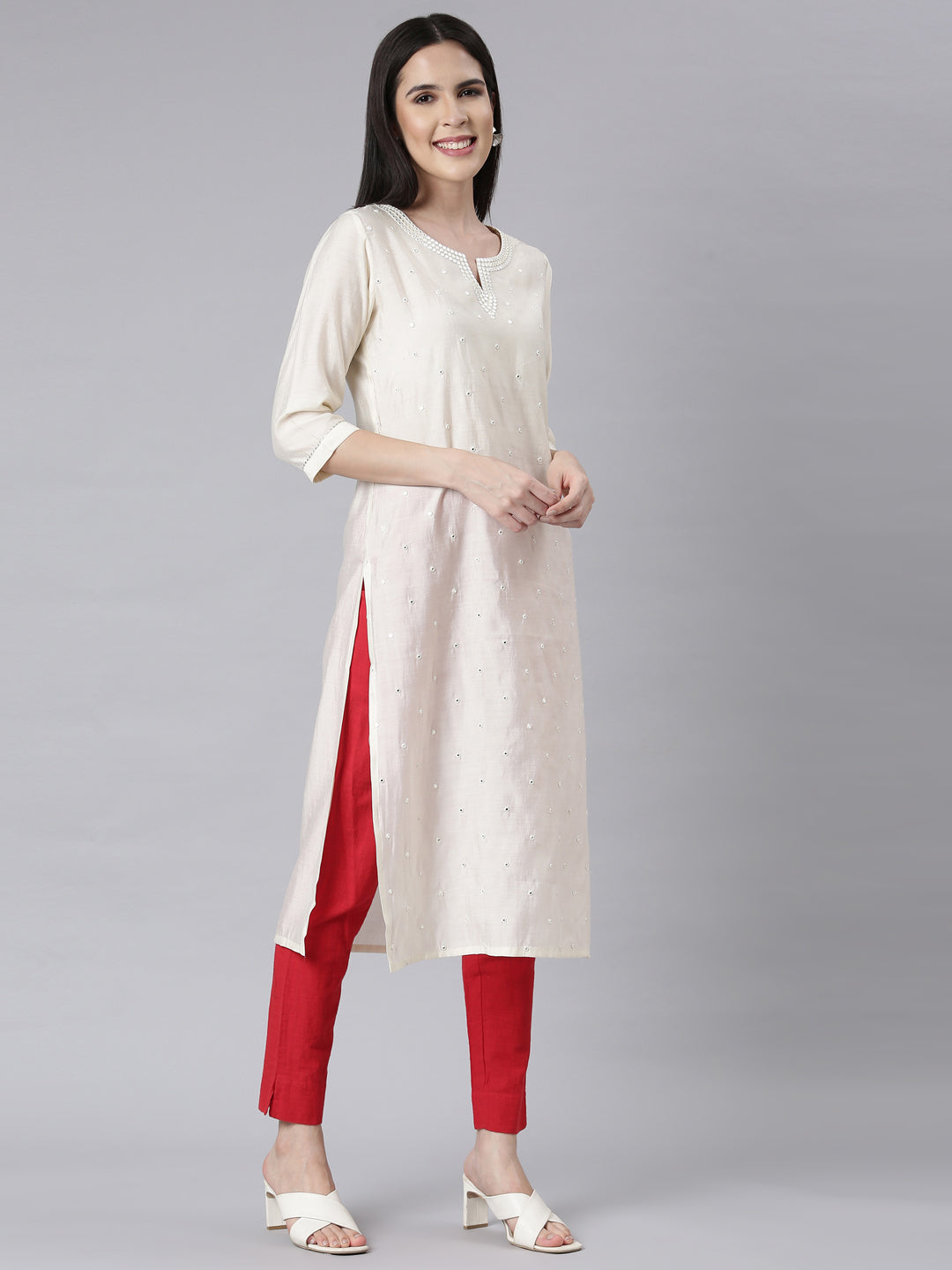 Neerus Off White Panelled Straight Embellished Kurtas