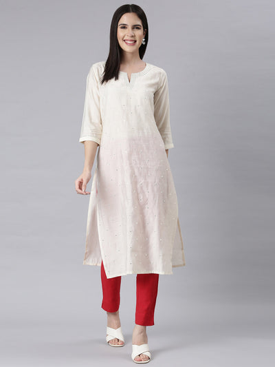 Neerus Off White Panelled Straight Embellished Kurtas