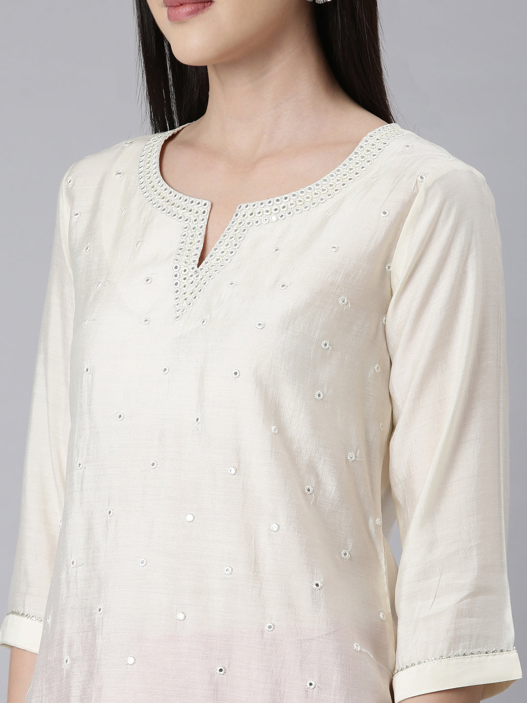 Neerus Off White Panelled Straight Embellished Kurtas