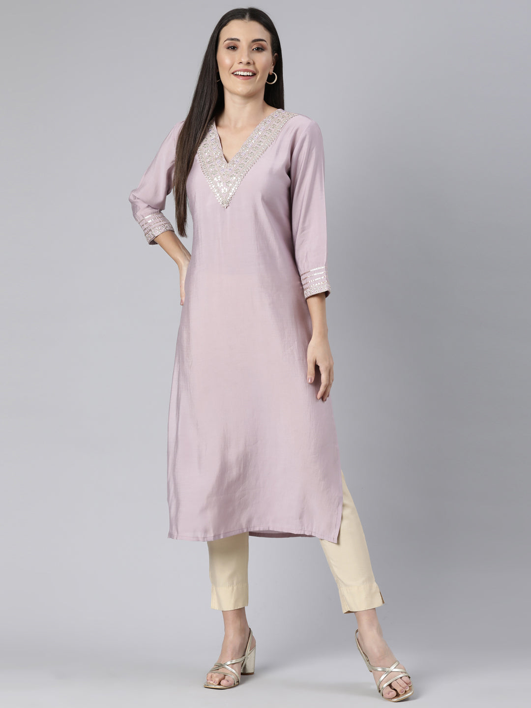 Neerus Lavender Regular Straight Solid Kurtas