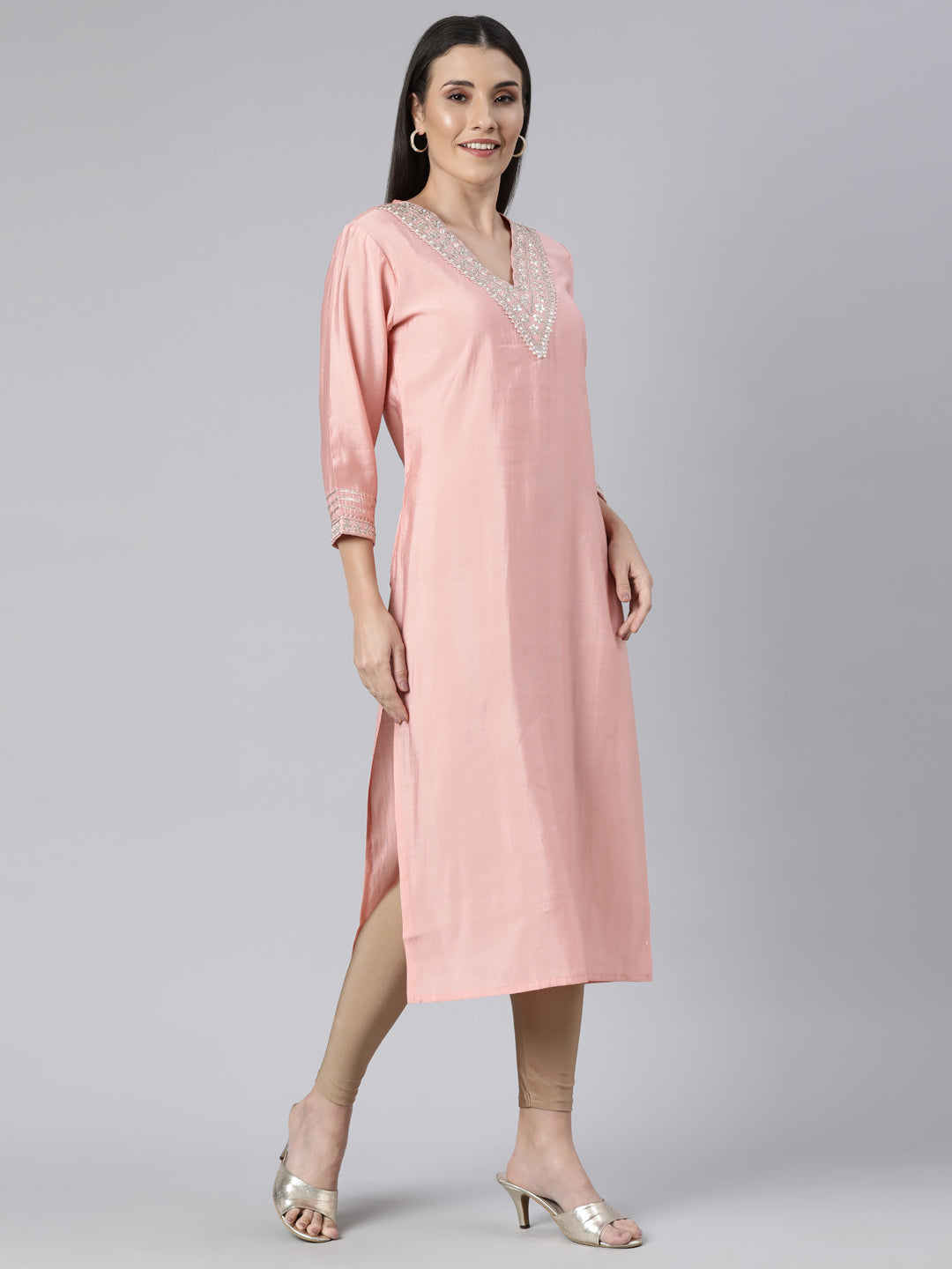 Neerus Peach Regular Straight Solid Kurtas