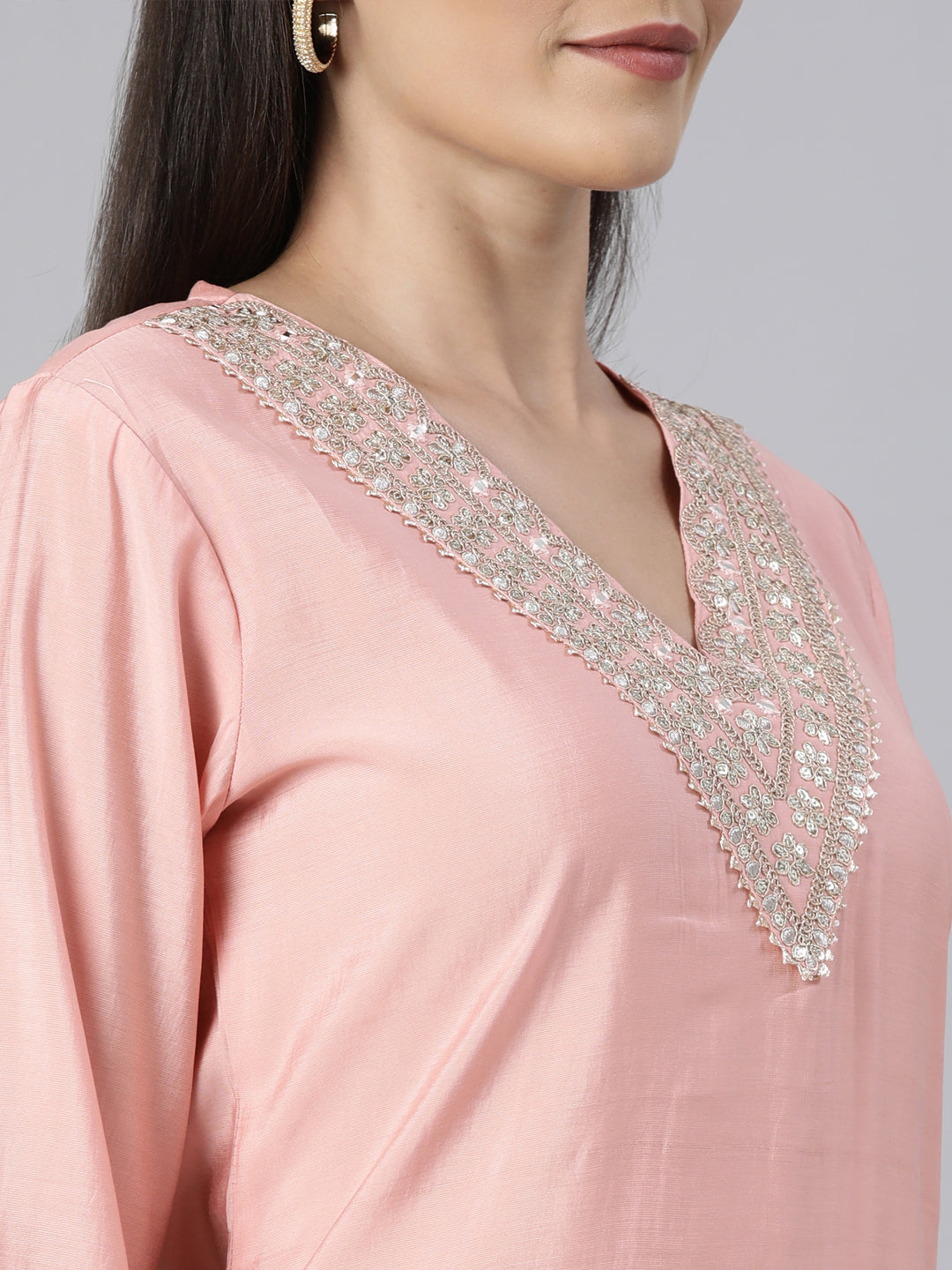 Neerus Peach Regular Straight Solid Kurtas