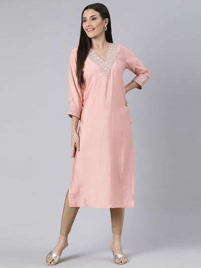 Neerus Peach Regular Straight Solid Kurtas