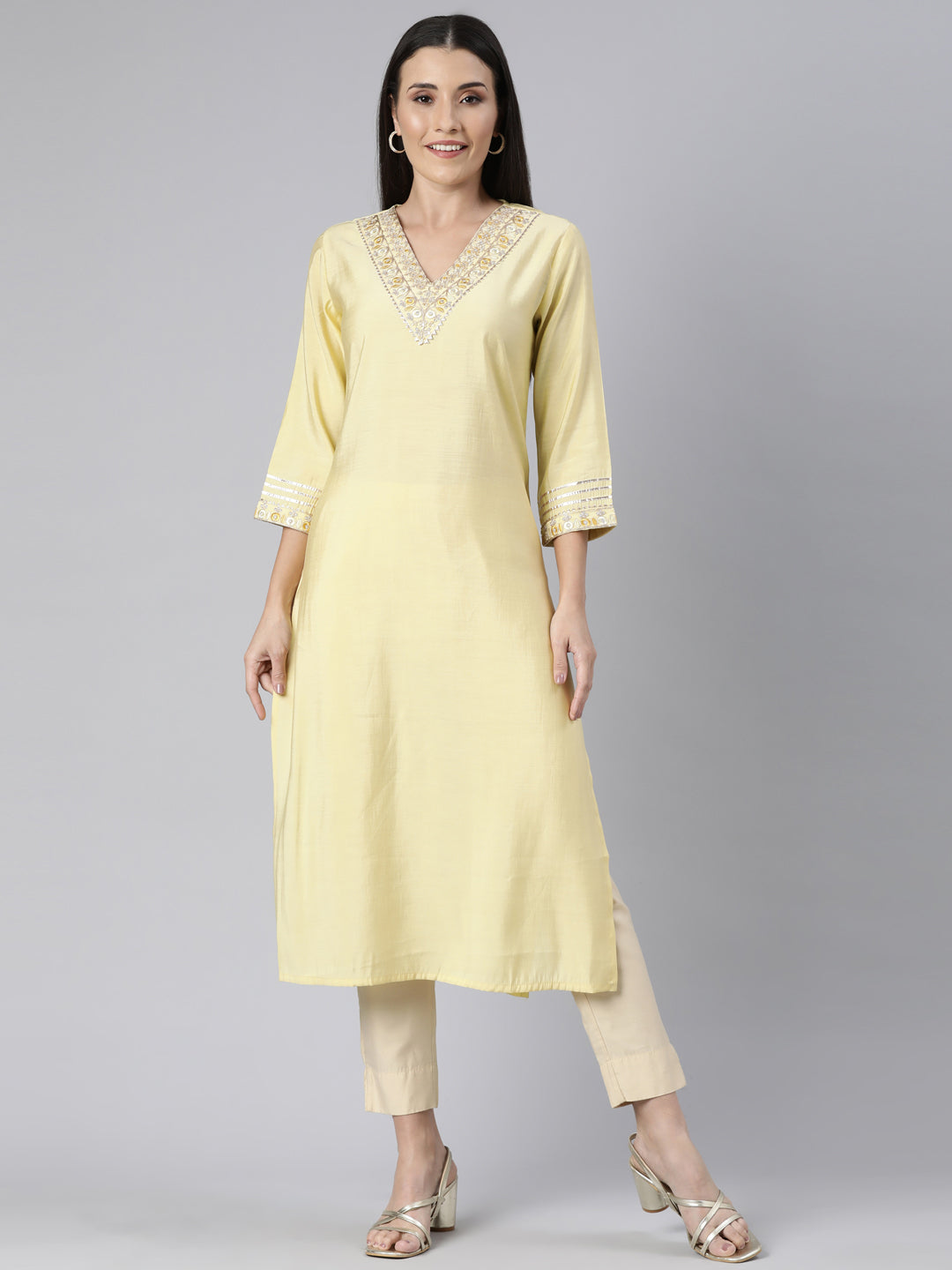 Neerus Yellow Regular Straight Solid Kurtas