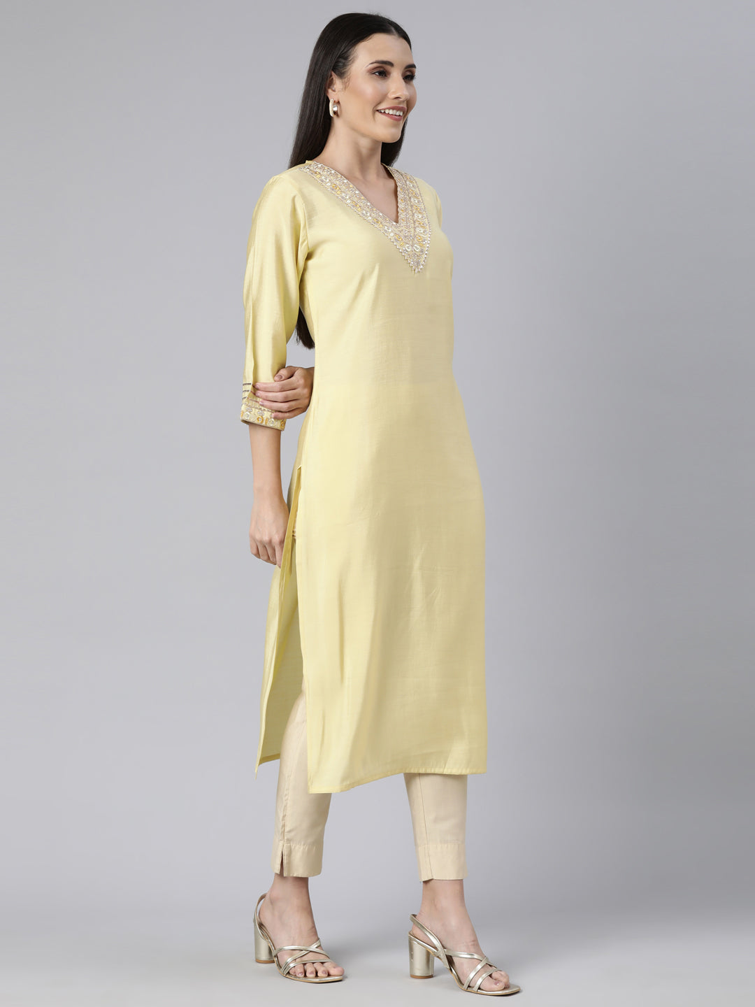 Neerus Yellow Regular Straight Solid Kurtas