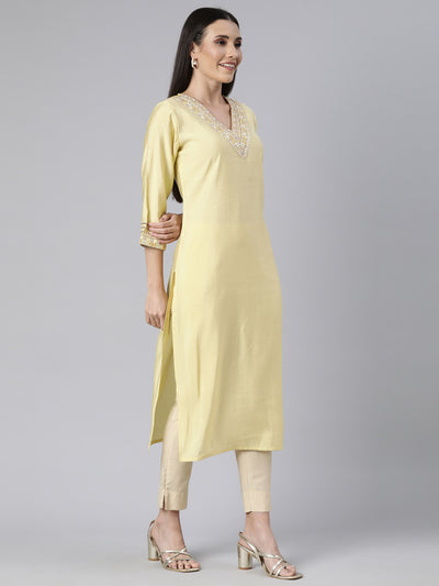 Neerus Yellow Regular Straight Solid Kurtas