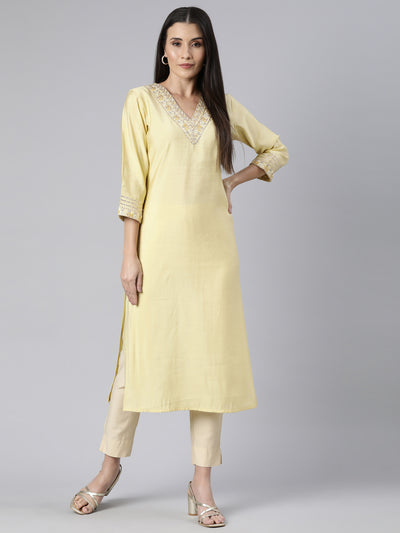 Neerus Yellow Regular Straight Solid Kurtas